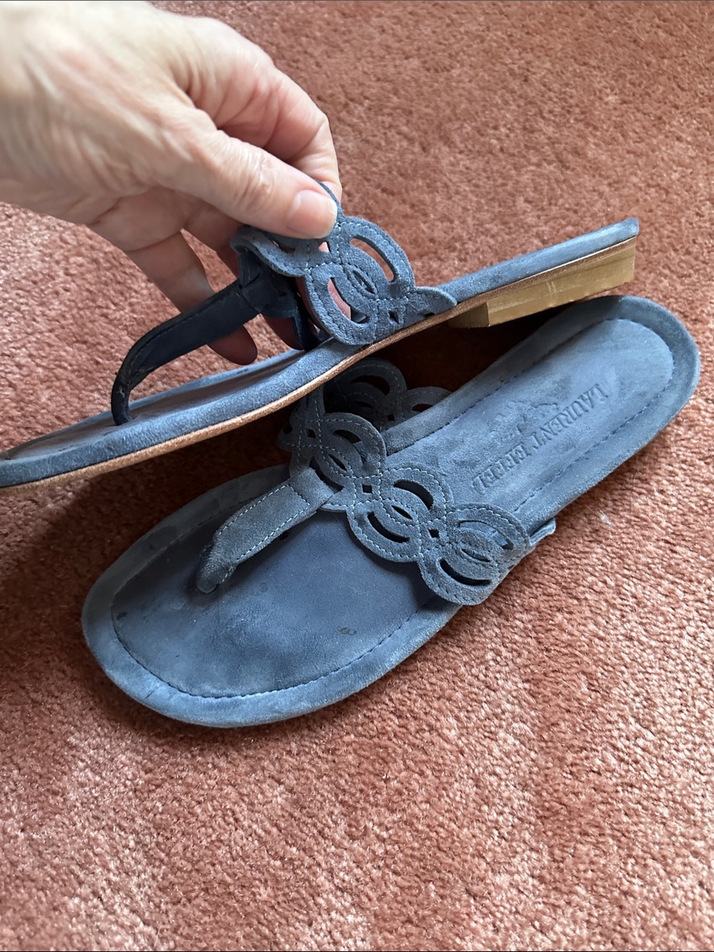 Laurent Effel Blue Suede Thong Sandals, Cutout Strap Slip On - Picture 6 of 13